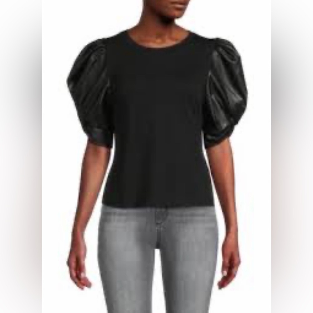 DKNY Womens Black Faux Leather Puff Sleeve Mixed Media Top XL P2HTZFLV
